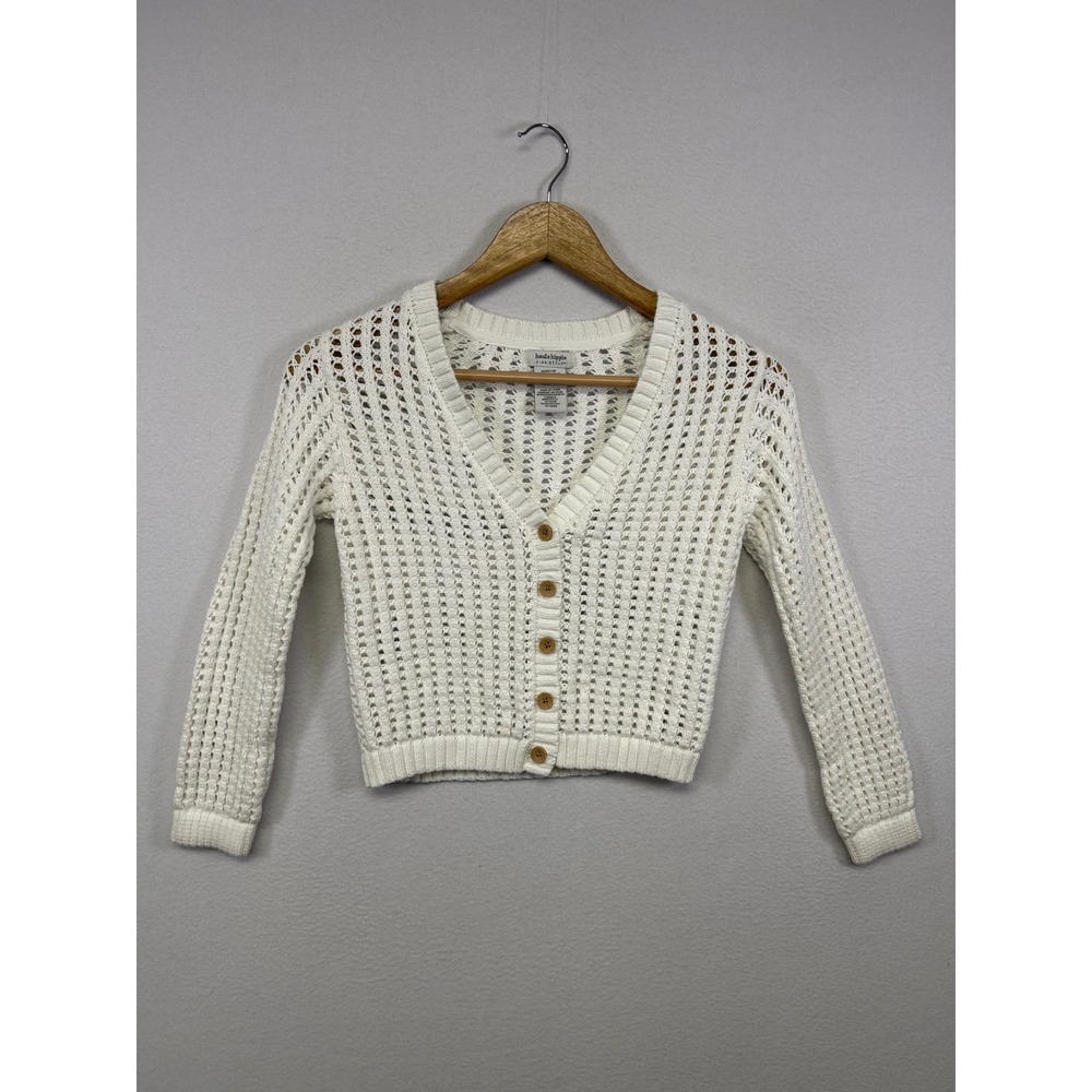 Boho Crochet Haute Hippie‎ Girls M 7/8 White Open Knit V-Neck Cardigan Sweater